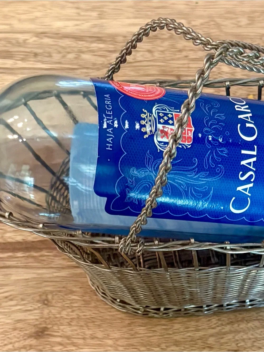 VINTAGE MCM SILVER WIRE WOVEN BASKET WINE CARRIER CADDY METAL